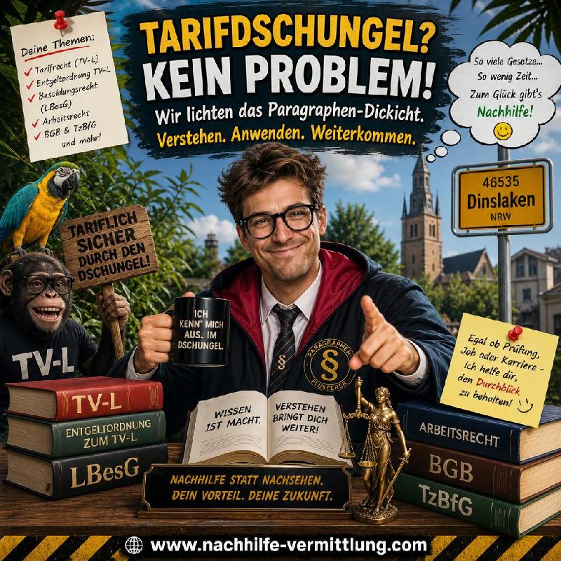 Nachhilfe Tarifrecht, Besoldungsrecht, Arbeitsrecht, TV-L, Entgeltordnung zum TV-L, LBesG, BGB, TzBfG Dinslaken Nachhilfe Tarifrecht, Besoldungsrecht, Arbeitsrecht, TV-L, Entgeltordnung zum TV-L, LBesG, BGB, TzBfG Dinslaken